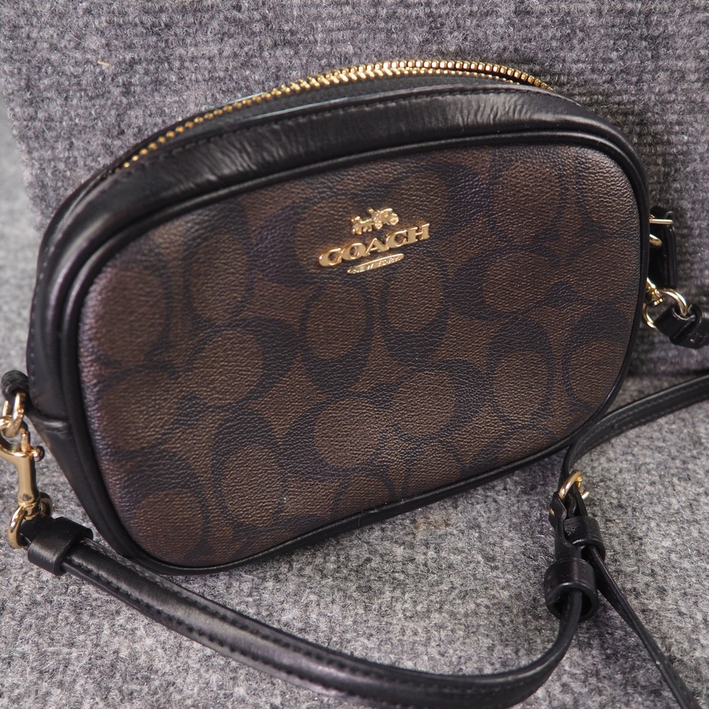 Coach F76674 Dome Crossbody Bag Brown Signature Canvas Black Leather